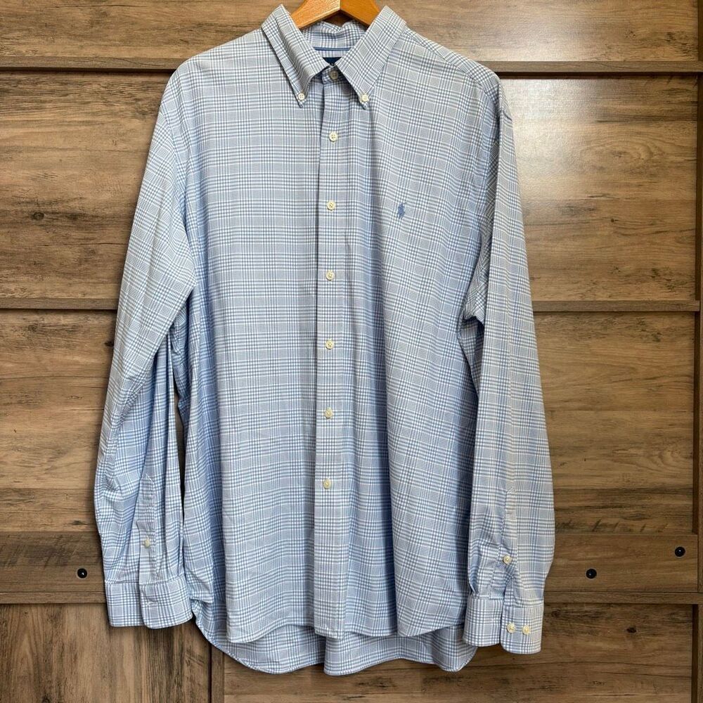 Ralph Lauren XXL Performance Blue White Plaid Long Sleeve Button Down Shirt